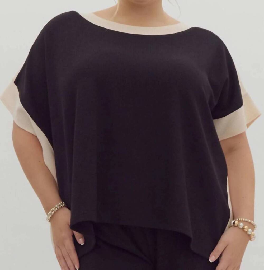 NEW ENTRO ribbed boat neck short sleeve top - plus in black
